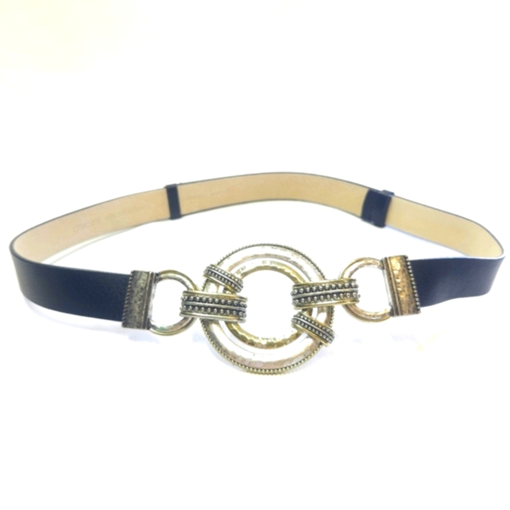 CHICO'S Hammered Silver And Gold  Adjustable Leather Black Belt Size-S/M